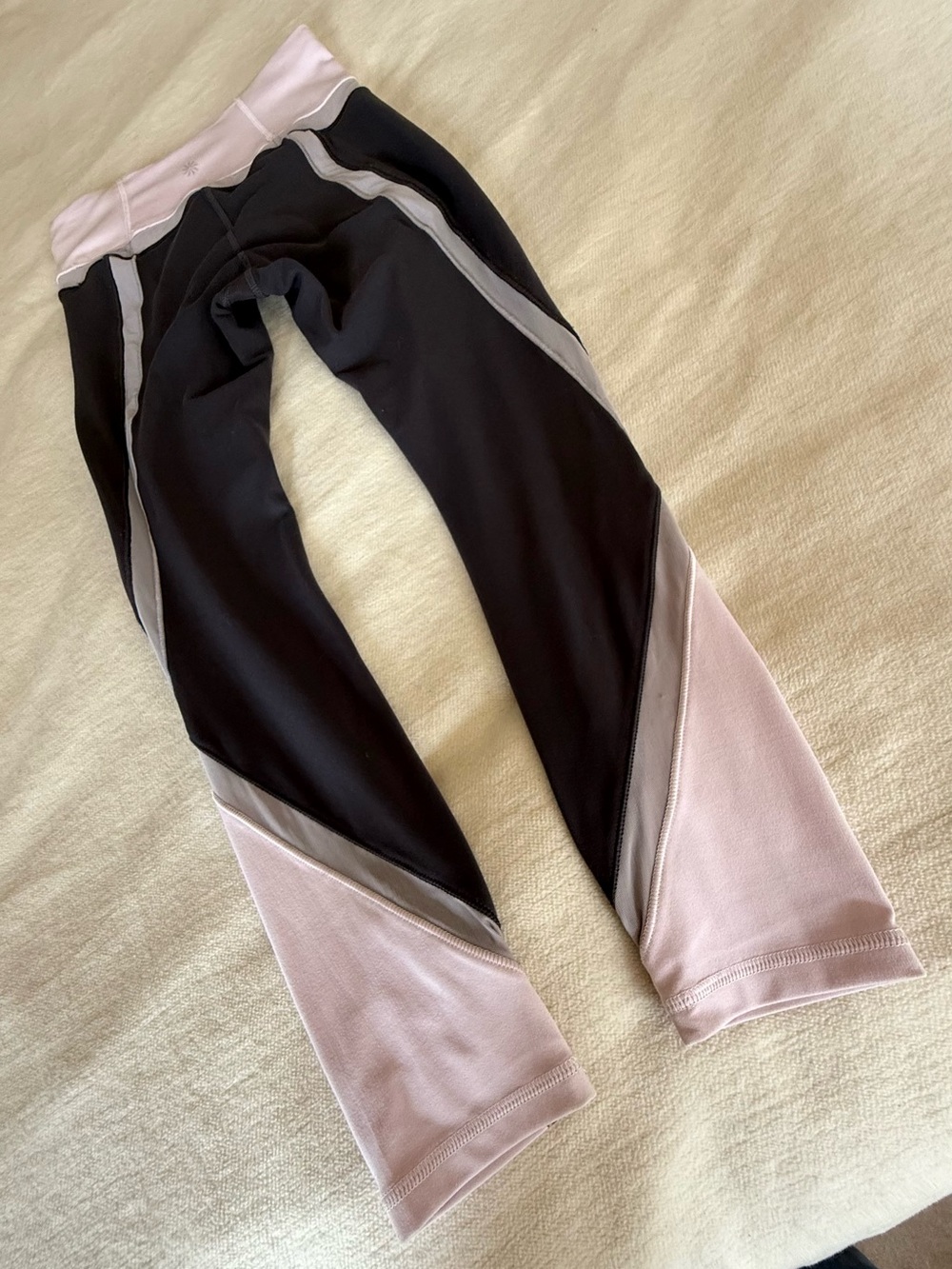 Athleta Slate Gray and Pink Colorblock Leggings with mesh accents